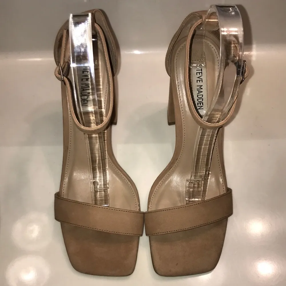 Steve Madden Women’s Tiaa Nubuck Leather Beige Ankle Strap Square Toe Heels - Image 2