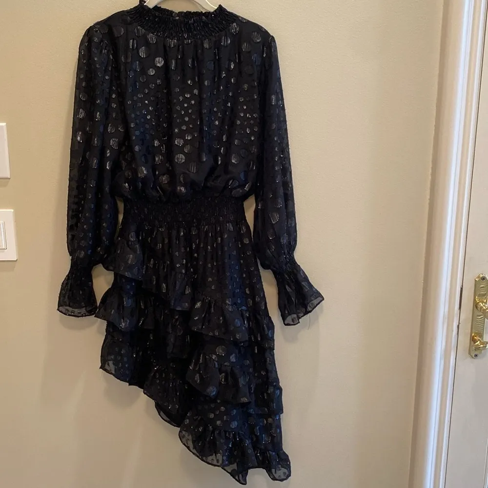 DO+BE x Revolve Sheer Asymmetrical Polka Smock Ruffle Tiered Black Dress SMALL - Image 2