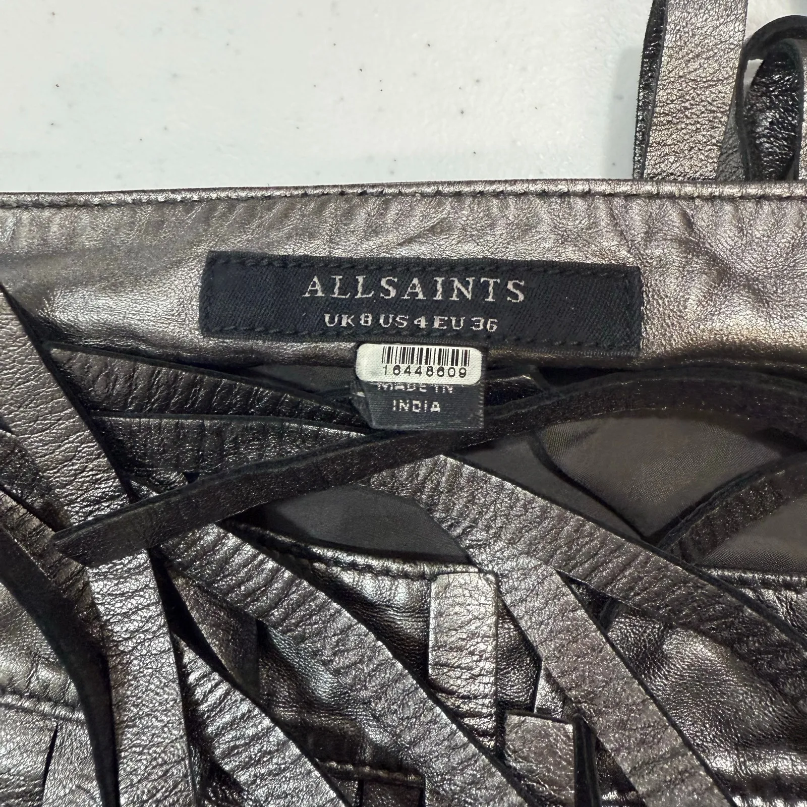 AllSaints Aisha Leather Fringe metallic mini Skirt Size 4 Silver - Image 8