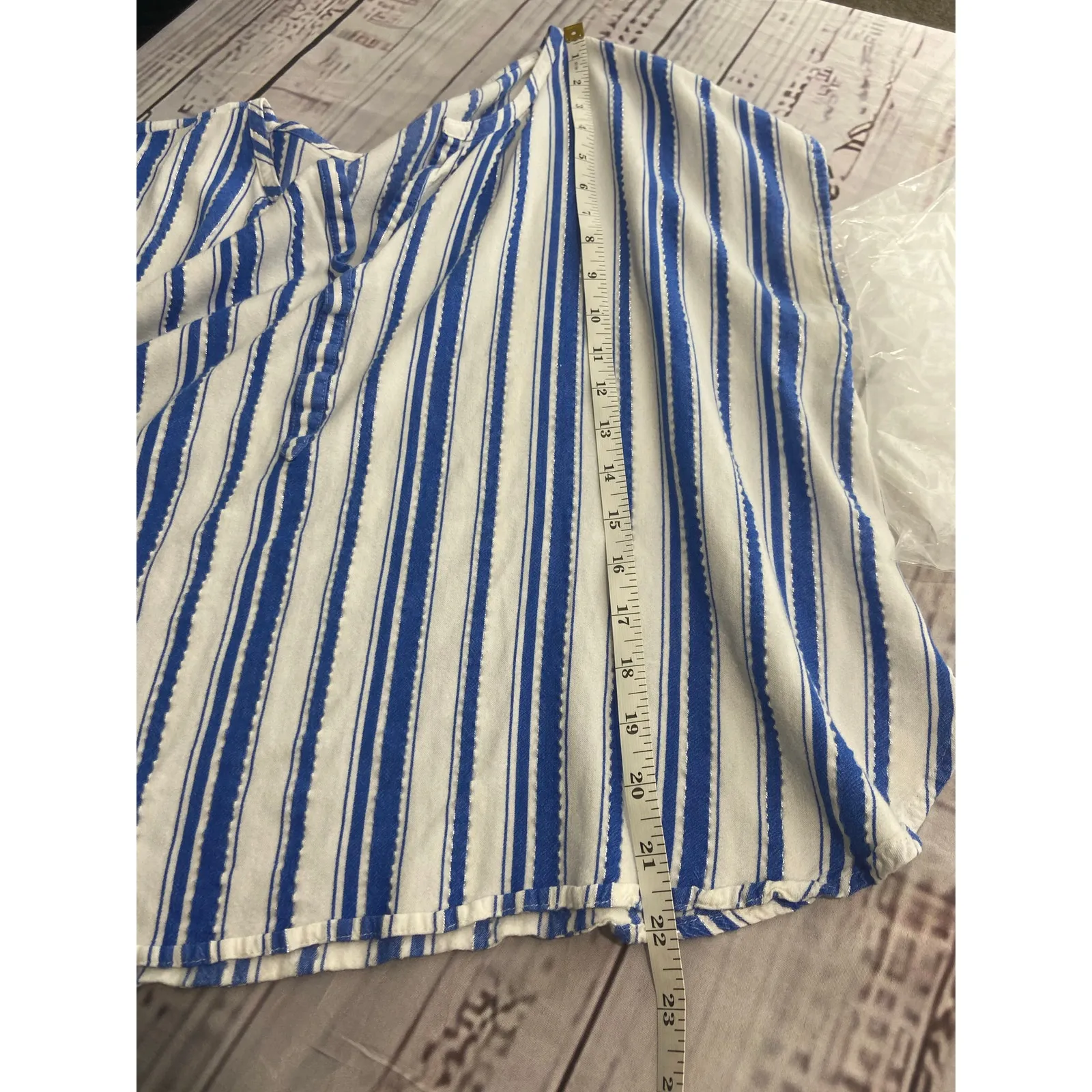 Nottibianche Top Womens 1X Blue White Striped Split Neck Short Sleeves Boxy - Image 7