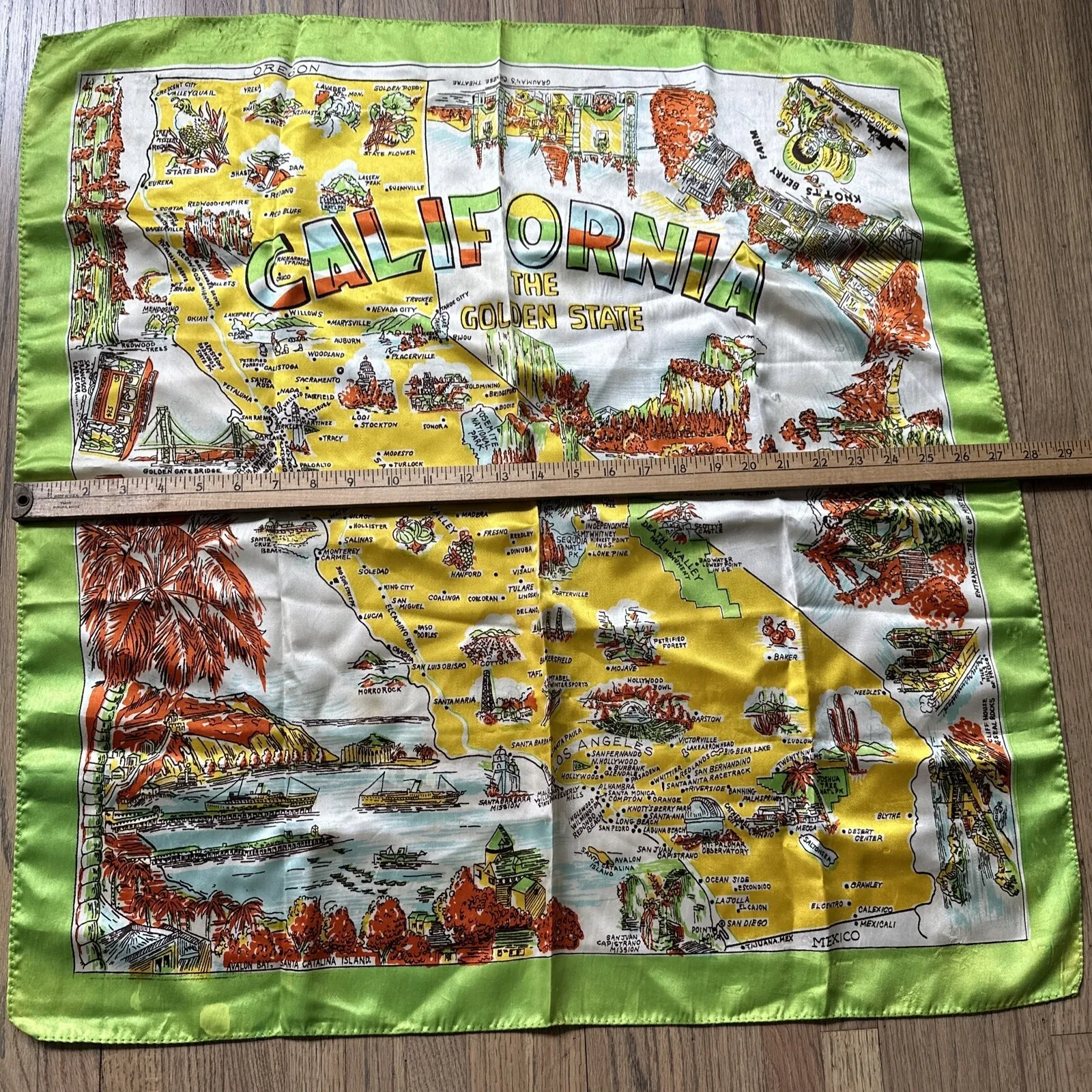 Vintage California Map Silk Scarf Tourist Landmarks Souvenir 28x28 Hand Rolled - Image 6