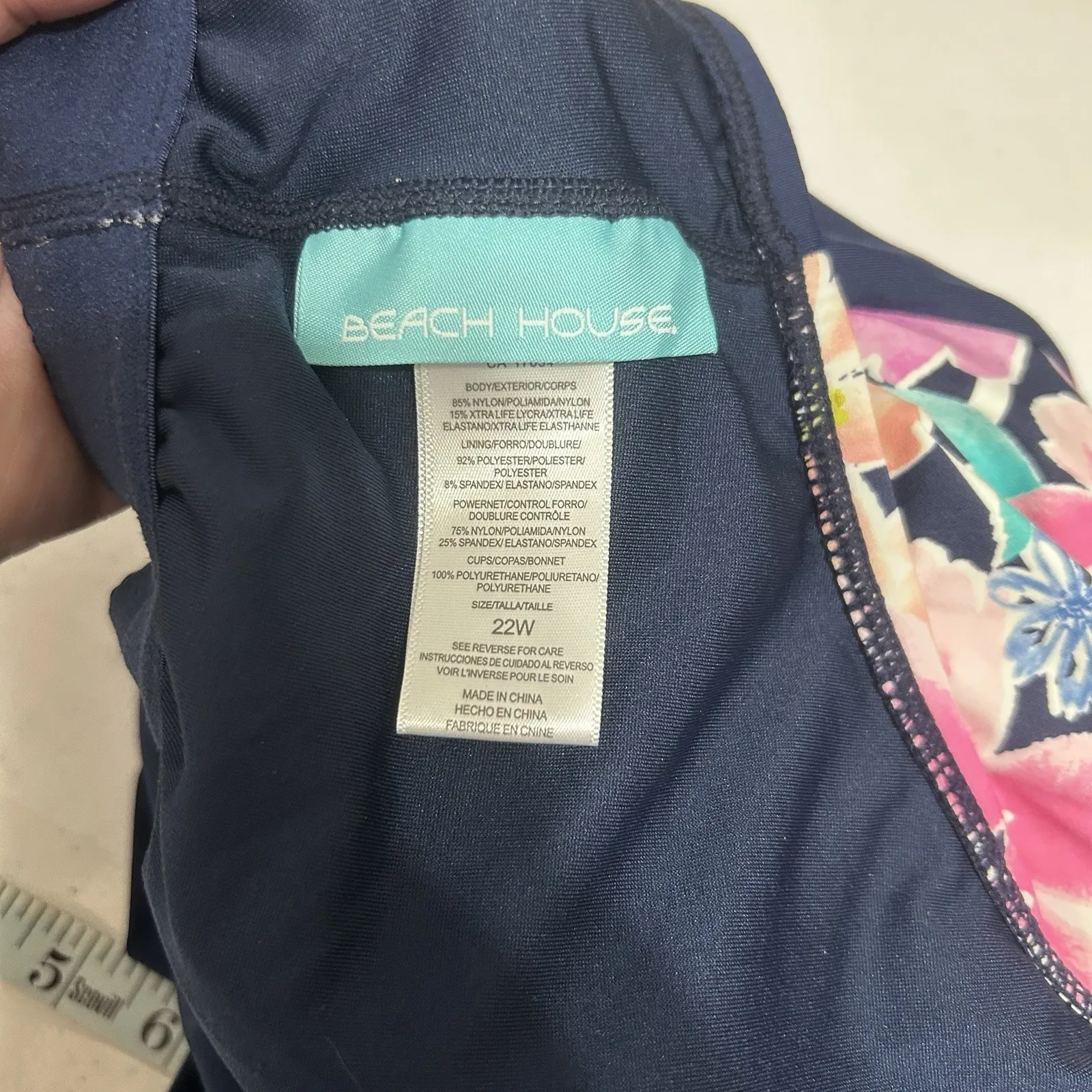 Beach House Womens Plus 22W Tankini Swim Top Navy Floral Striped Adjustable‎ Tie Blue - Image 9