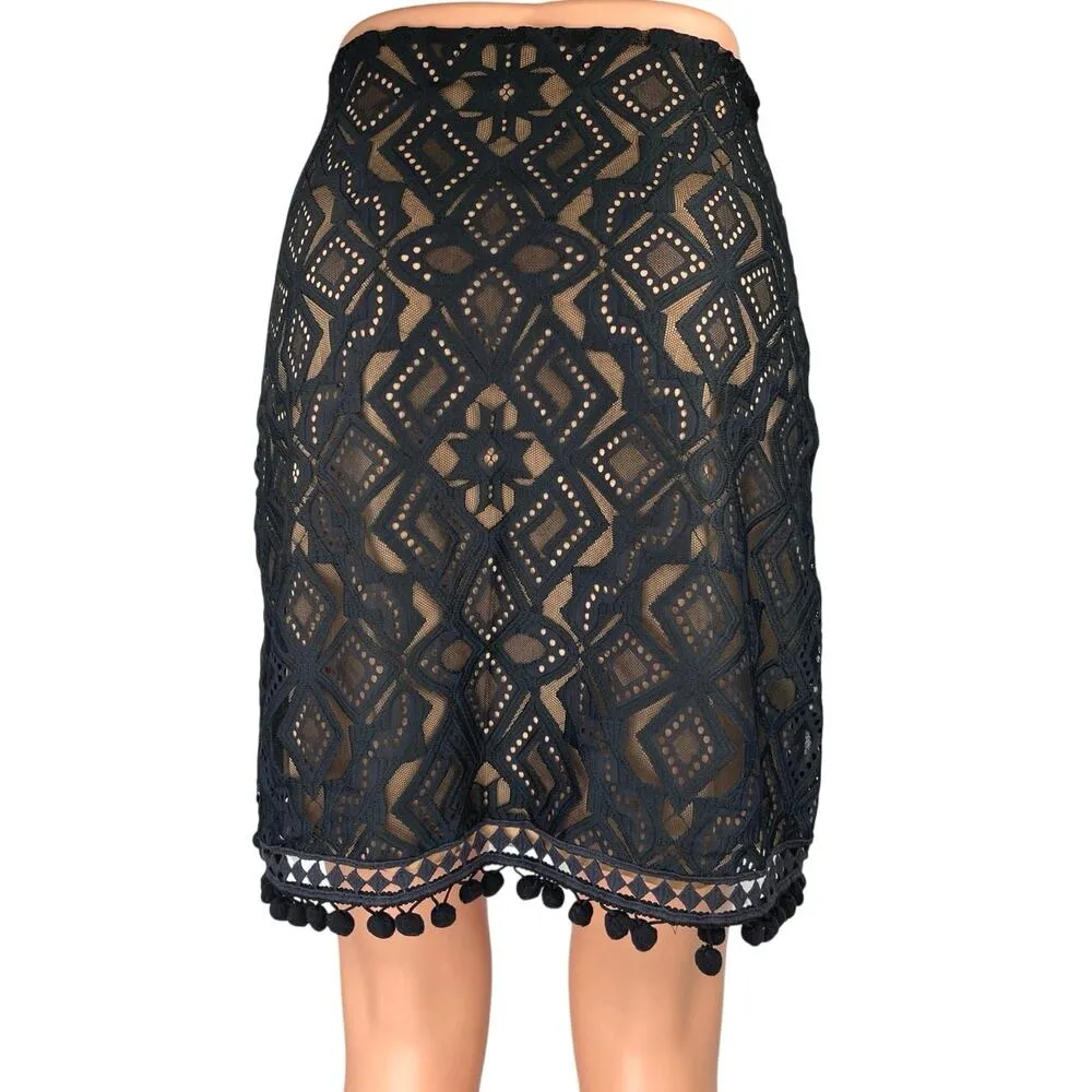 For Love & Lemons Black Nude Lace Crochet Pompom Mini Straight Pencil Skirt M - Image 3