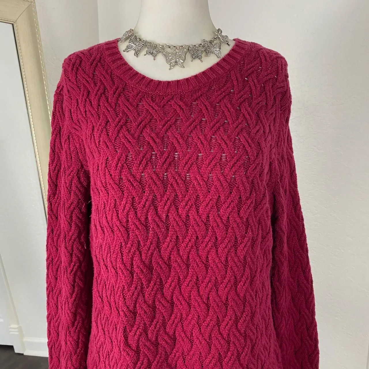 100% Cotton Long Knitted Burgundy Red Kable Knit Sweater M Fishermen Style - Image 3