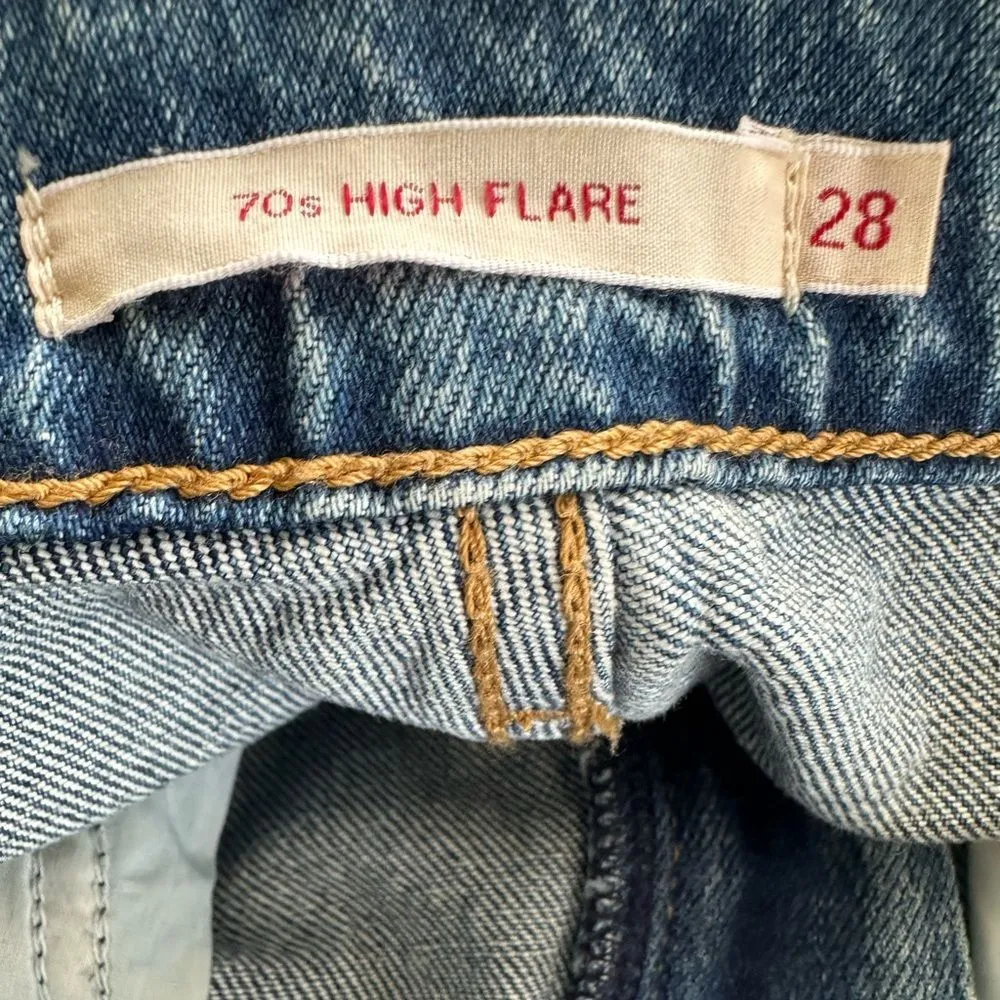 Levi's 70s Inspired High Rise Slim Fit Medium Wash Raw Edge Flare Denim Jeans 28 - Image 11