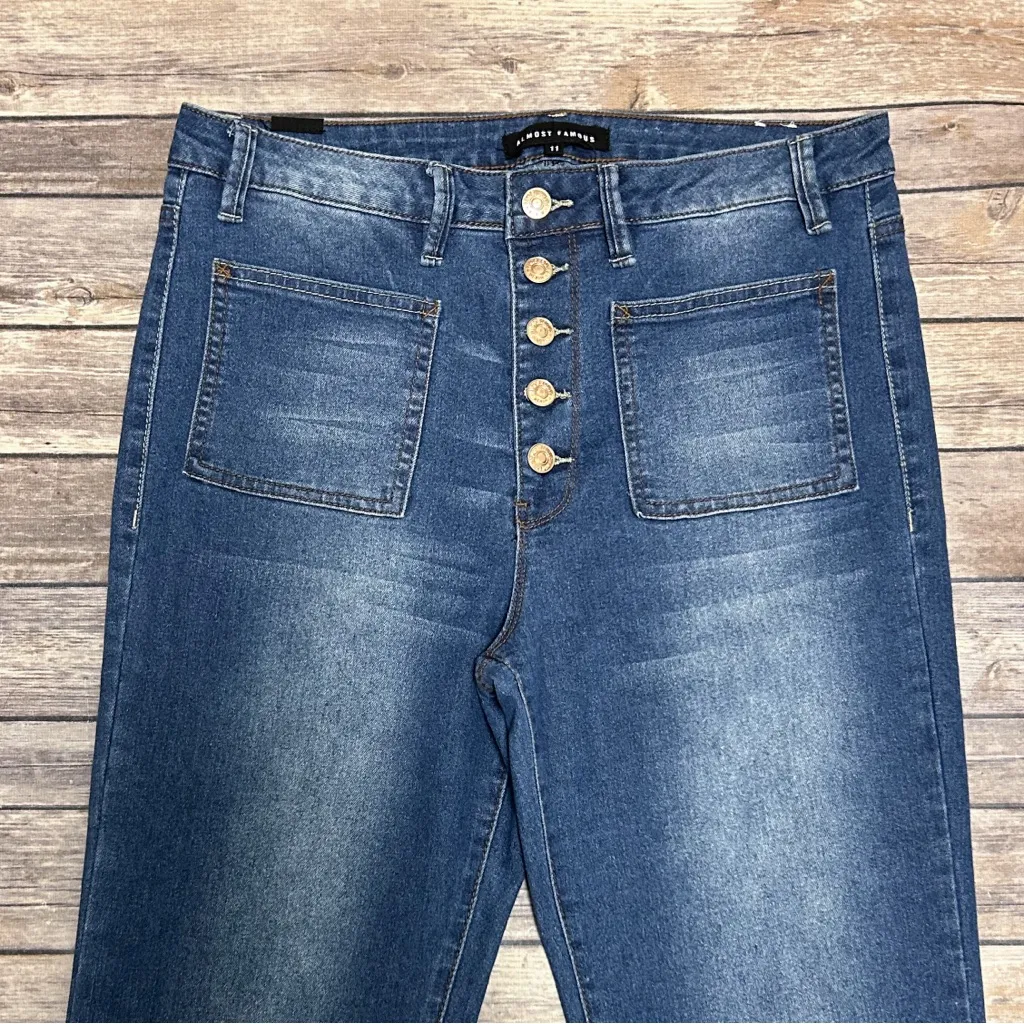 Almost Famous Medium Wash High Rise Button Fly Patch Pockets Flare Jeans Juniors - Image 2
