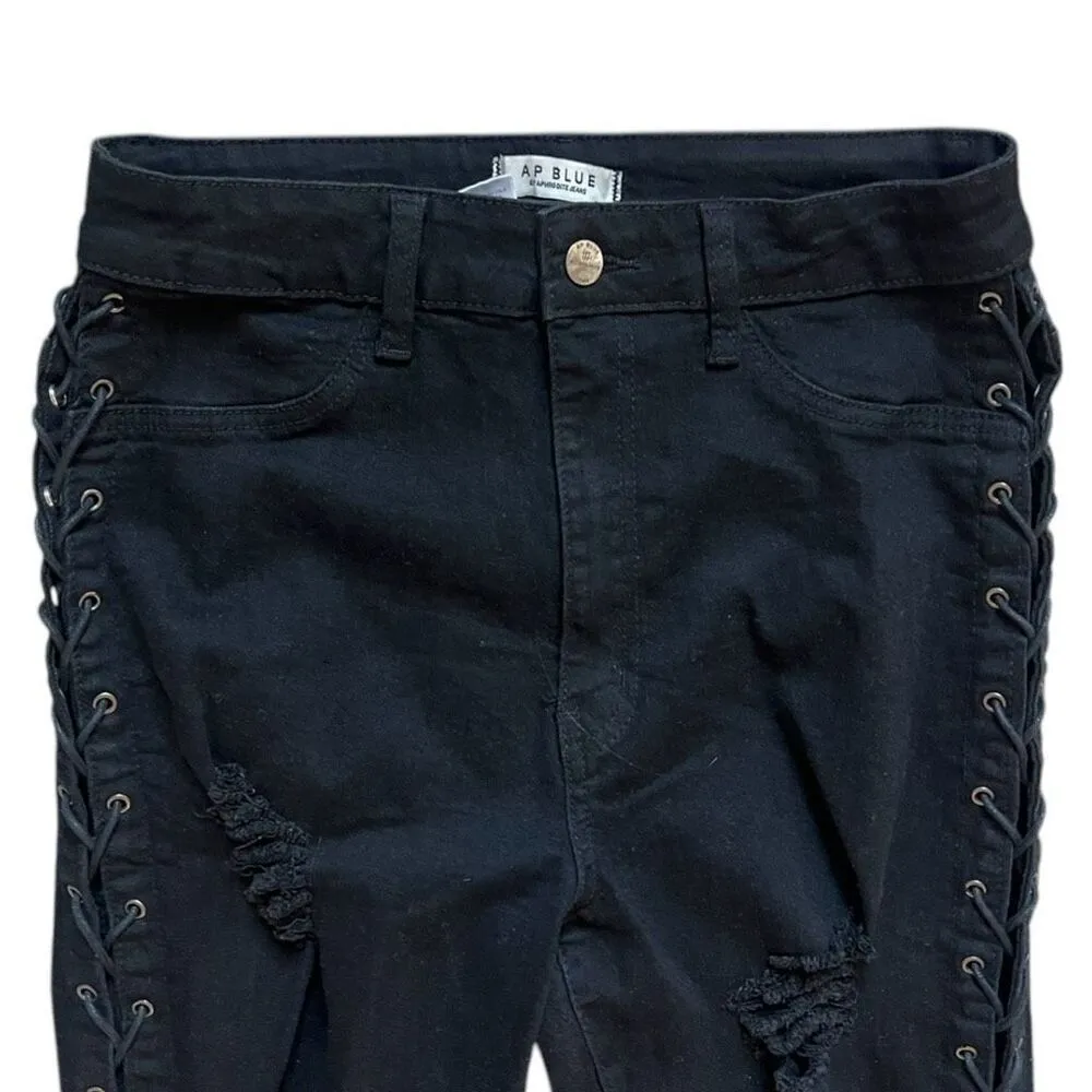 Womens AP Blue by Aphrodite Jeans Distressed Flare Leg Lace Up Jeans  Sz 11 - Image 2