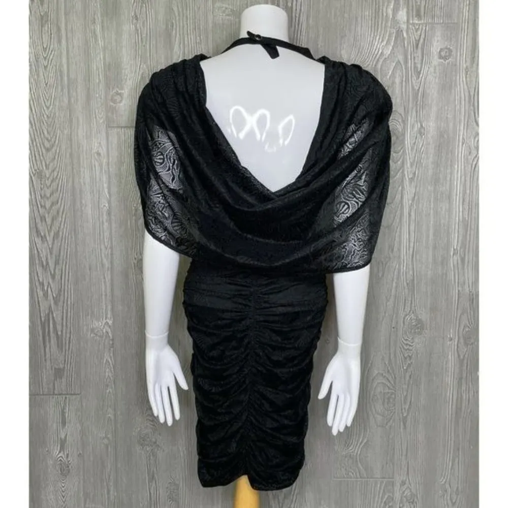 Vintage 1970 Ruched Black Bodycon Lace style beaded neck retro dress medium - Image 6