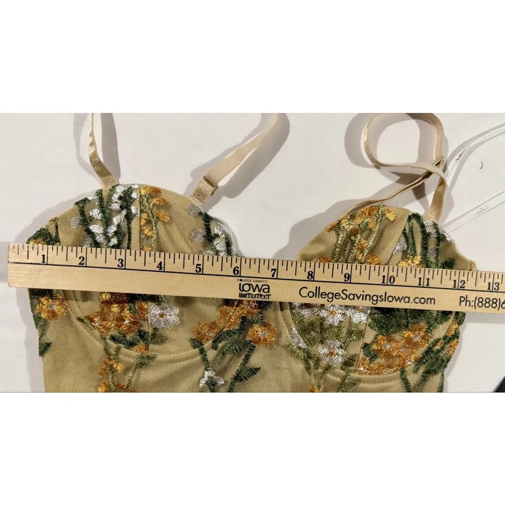 Lulus XS Embroidered Floral Mesh Bodysuit Beige Nude Sheer Corset Bustier Style - Image 9
