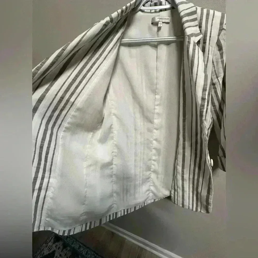 Lavender Brown White & Grey Striped Linen Lightweight Blazer Coastal Cozy - Image 9