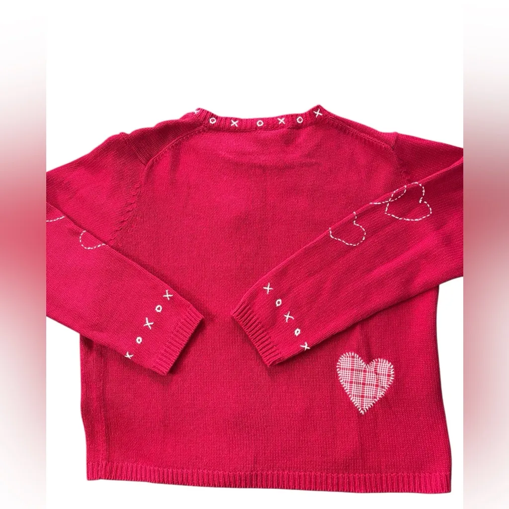 Coldwater Creek Red HEARTS Zip Front  Cardigan Sz L Long Sleeve X O’s Embroidery - Image 3
