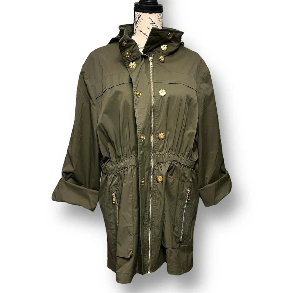 Antonio Melani Olive Green Erin Trench Coat Hooded Gold Zip Utility Outside XL - Image 4