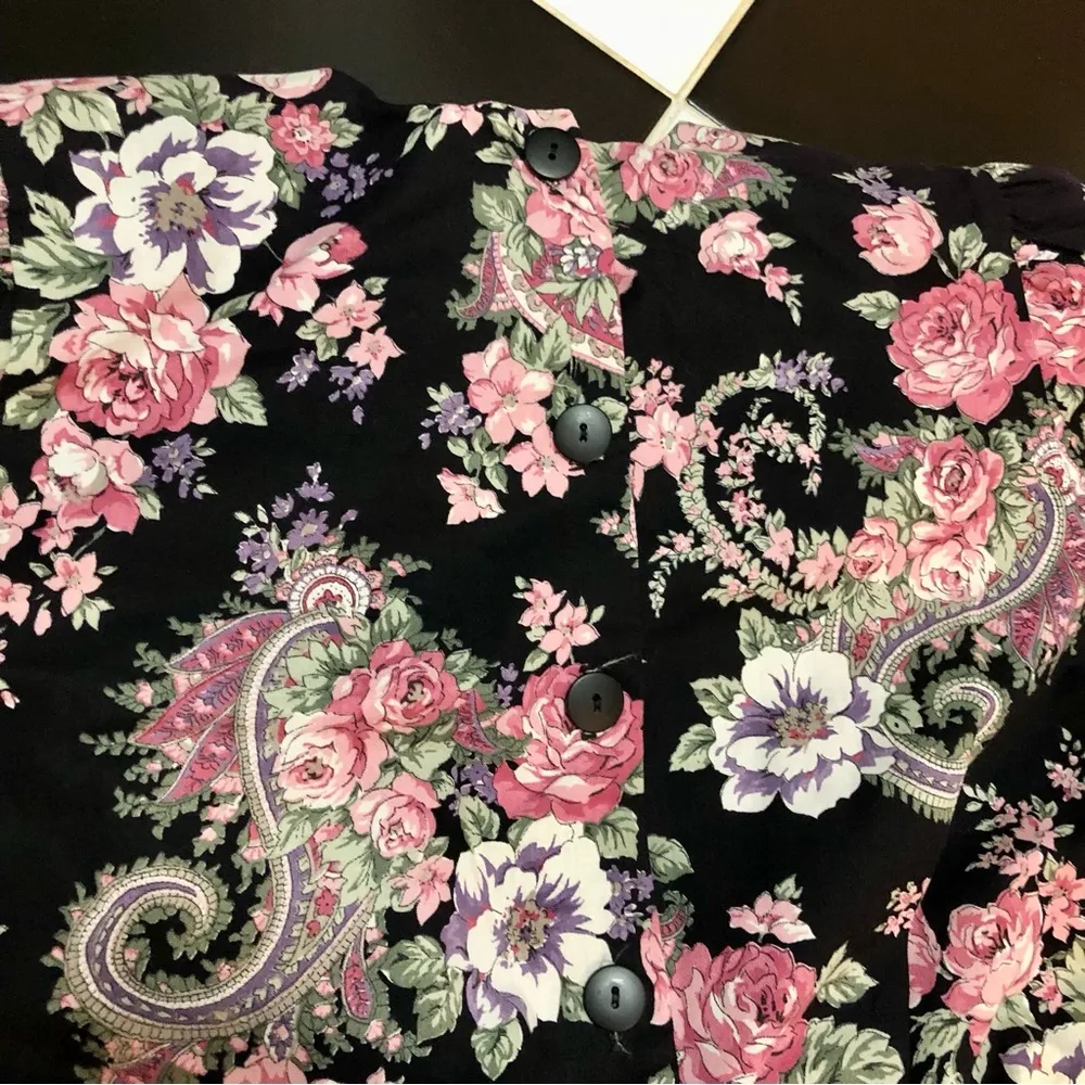 Vintage 80s 90s Miss Dorby Floral Tiered Dress Black Pink Shoulderpads 10P small - Image 6