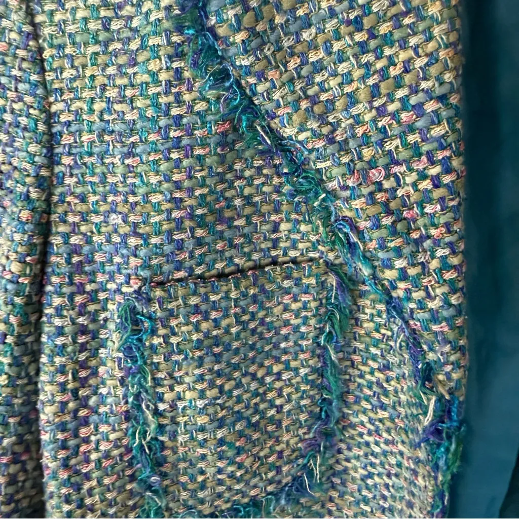 Revue Boucle Fringed Silk Tweed Womens Blazer Preppy Size 6 Turquoise Office Y2K Blue - Image 4