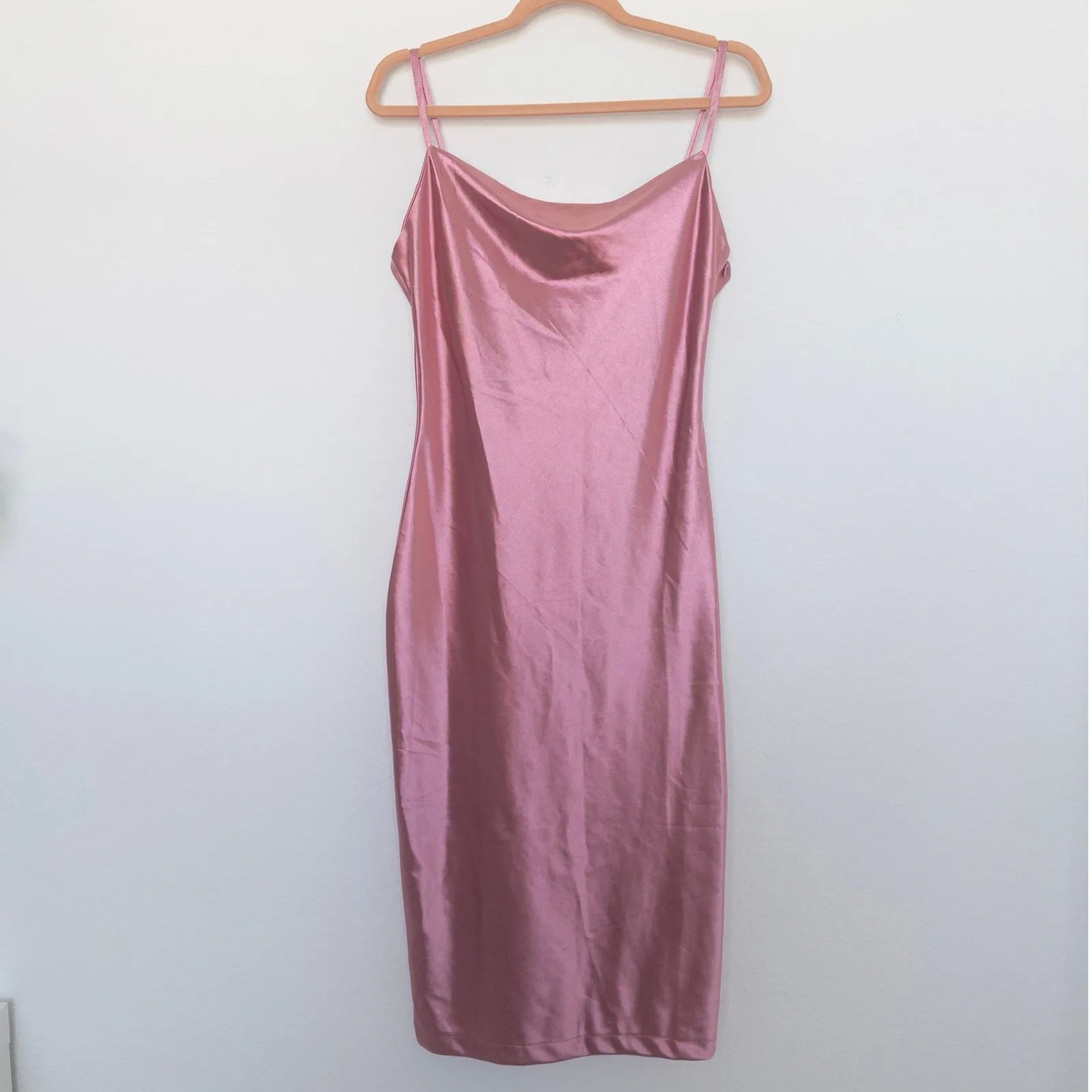 Y2K Womens Slip Dress Size S Pink Satin Cowl Neck Midi Coquette Minimalist Party - Image 2