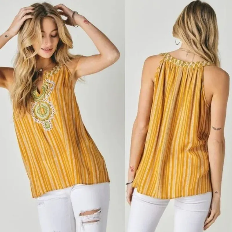 Davi & Dani Womens Tank Size Medium Mustard Striped Embroidered Boho Top NEW - Image 2