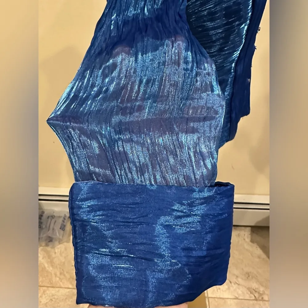 J.R Night By Cailiendo Blue Satin Rhinestone Buttons. Sheer Cuffed Sleeves Sz 8 - Image 6