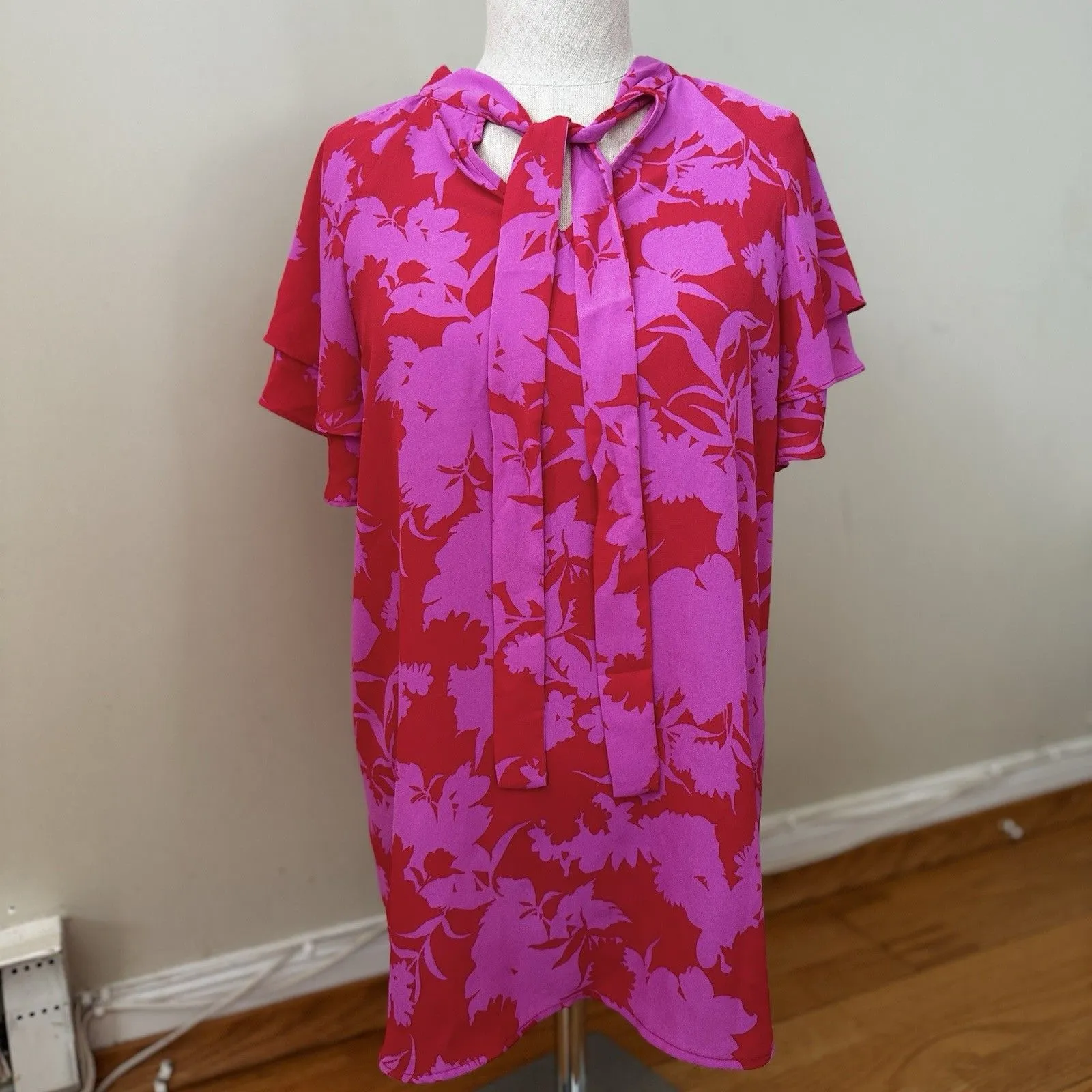 Pleione Women's Floral Blouse Tie Back Flutter Pink XL EUC Retro Spring Resort - Image 5