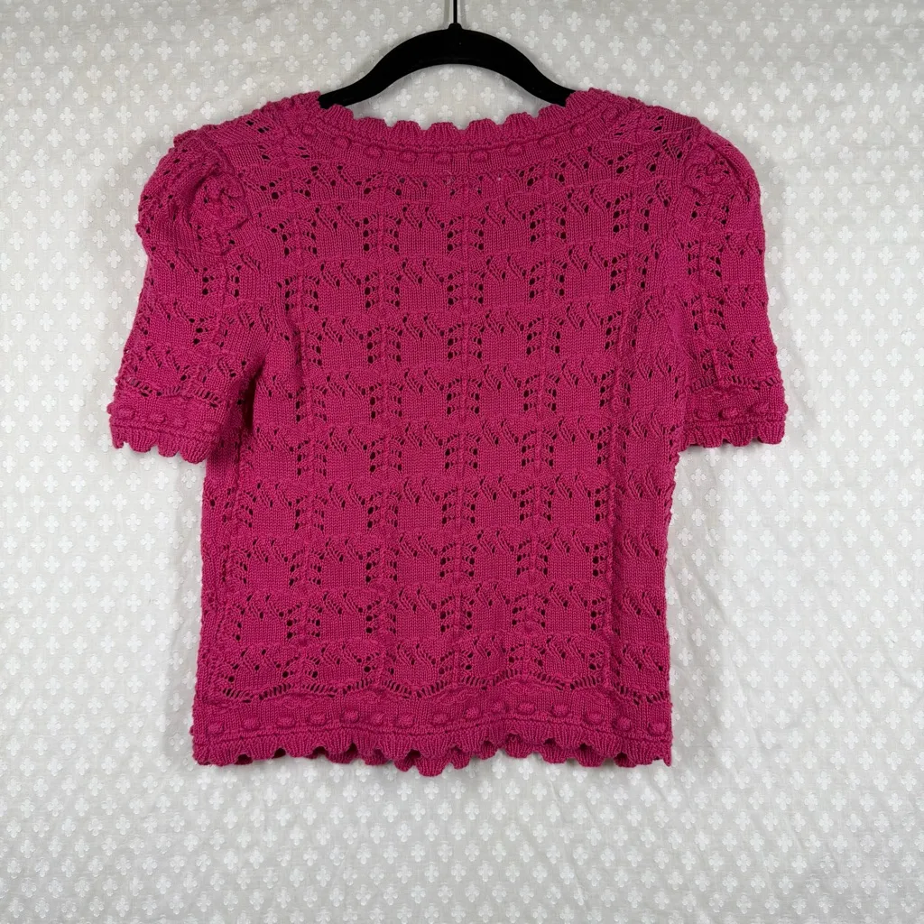 Anthropologie Pink Crochet Eyelet Short Sleeve Knit Top - Image 4