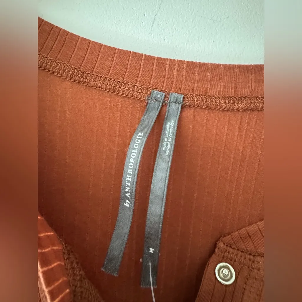 Anthropologie Rust Orange Ribbed Henley Long Sleeve Top - Image 5