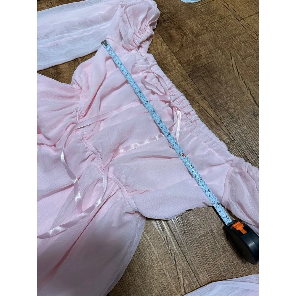 Coquette light pink chiffon flowy off shoulder mini Fairycore bell sleeve dress - Image 3