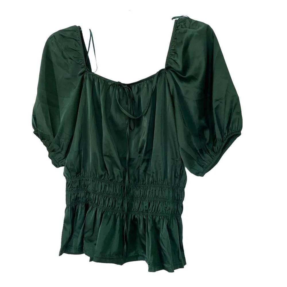 Flower & Feather Dark Green Silk Puff Sleeve Peplum Blouse Size Large - Image 4