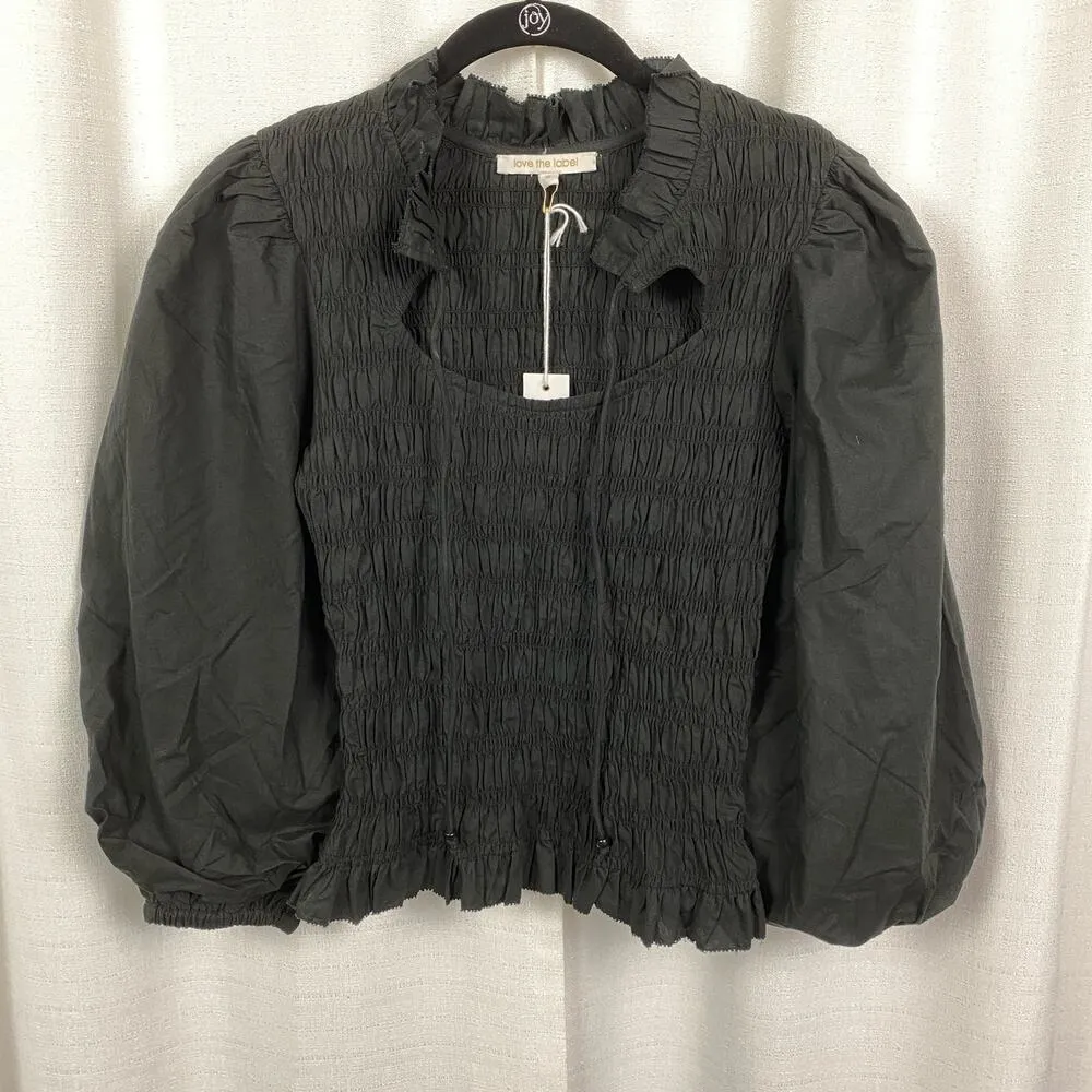 Love The Label Anthropologie Black Smocked Puff Sleeve Blouse Sz.S NWT - Image 7