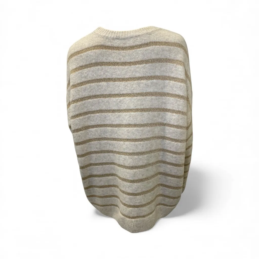 CeCe Crewneck Long Sleeve Lurex Striped Beige and White Sweater size L Gold Size L - Image 3