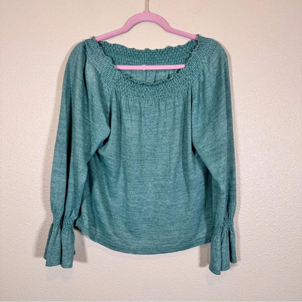 Margaret O’Leary Green Linen Off Shoulder Blouse Womens M Casual Bishop Sleeve - Image 11