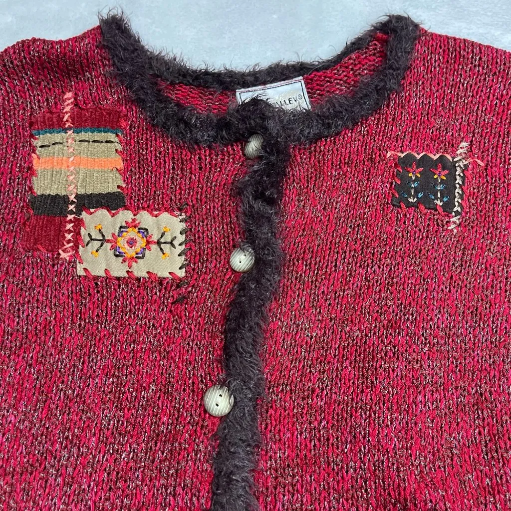 Vintage Napa Valley Petites Cardigan Sweater Women's Medium Faux Fur Patchwork Red Size undefined - Image 9