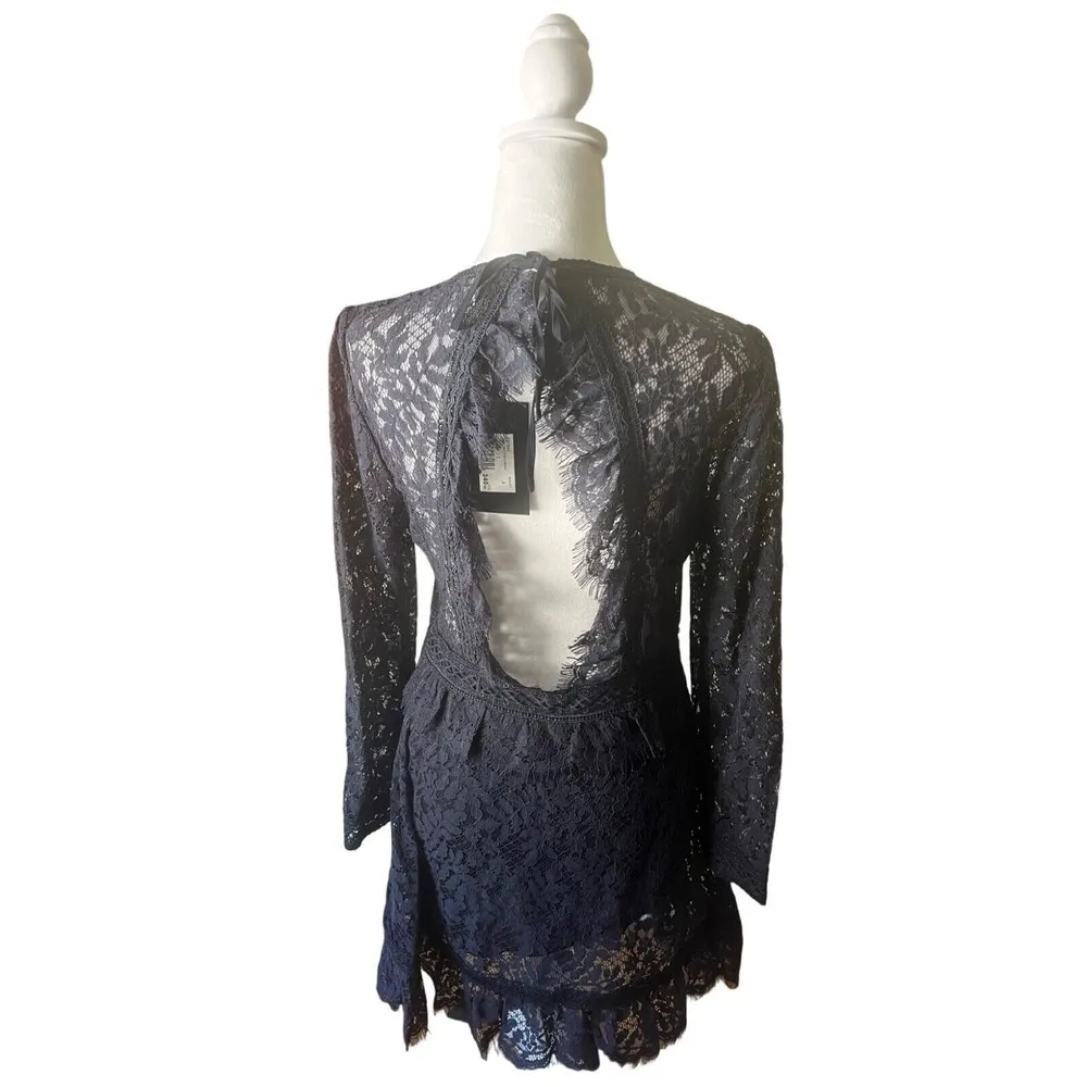 The Kooples Long-Sleeve Open-Back Mini Lace Dress Navy Size 3 Large - Image 5