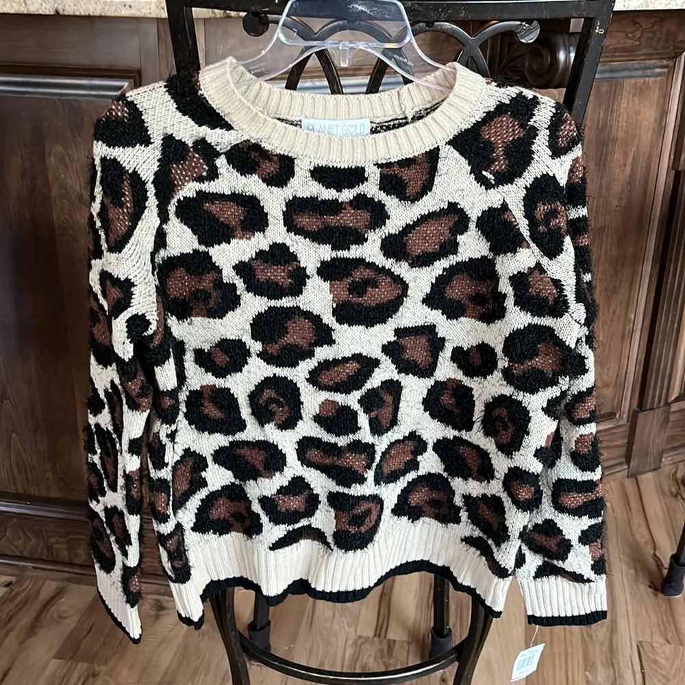 Sweater Planet Gold Leopard Print Brown Crewneck Womens Small - Image 12