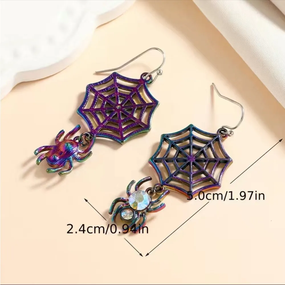 Colorful spider web design with shiny rhinestone decor dangle earrings goth punk - Image 7