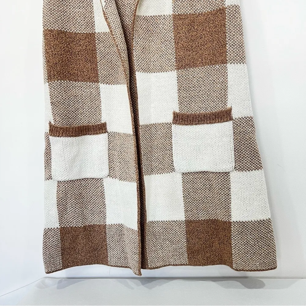 Open Front Sweater Vest Size Medium Plaid Checks Khaki/Cream Beige Cable Knit - Image 6