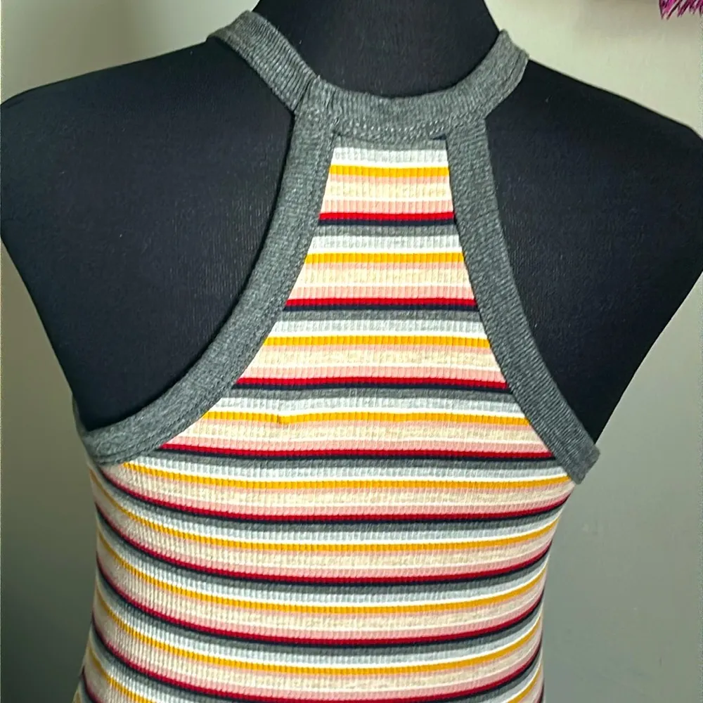 New Striped Ribbed Halter Knit Racerback Summer Vacation Cover Up Tank Dress Gray - Image 10