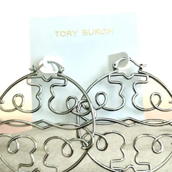 New AUTH TORY BURCH TWISTED MILLER TORY SILVER 2” HOOP on TB Card Retail $198 - Image 4
