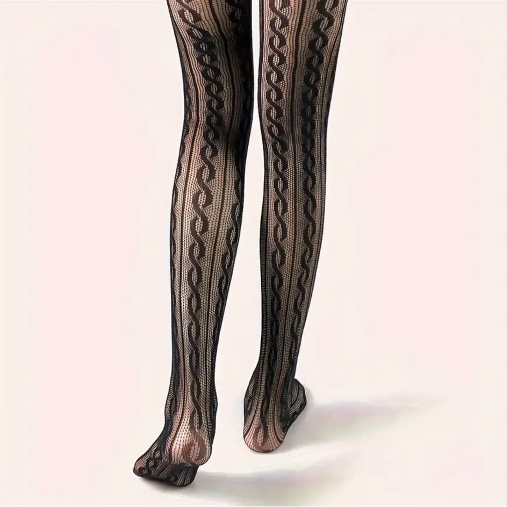 Twist Pattern Black Pantyhose, Sexy Slim Fit Footed Pantyhose One‎ Size - Image 10