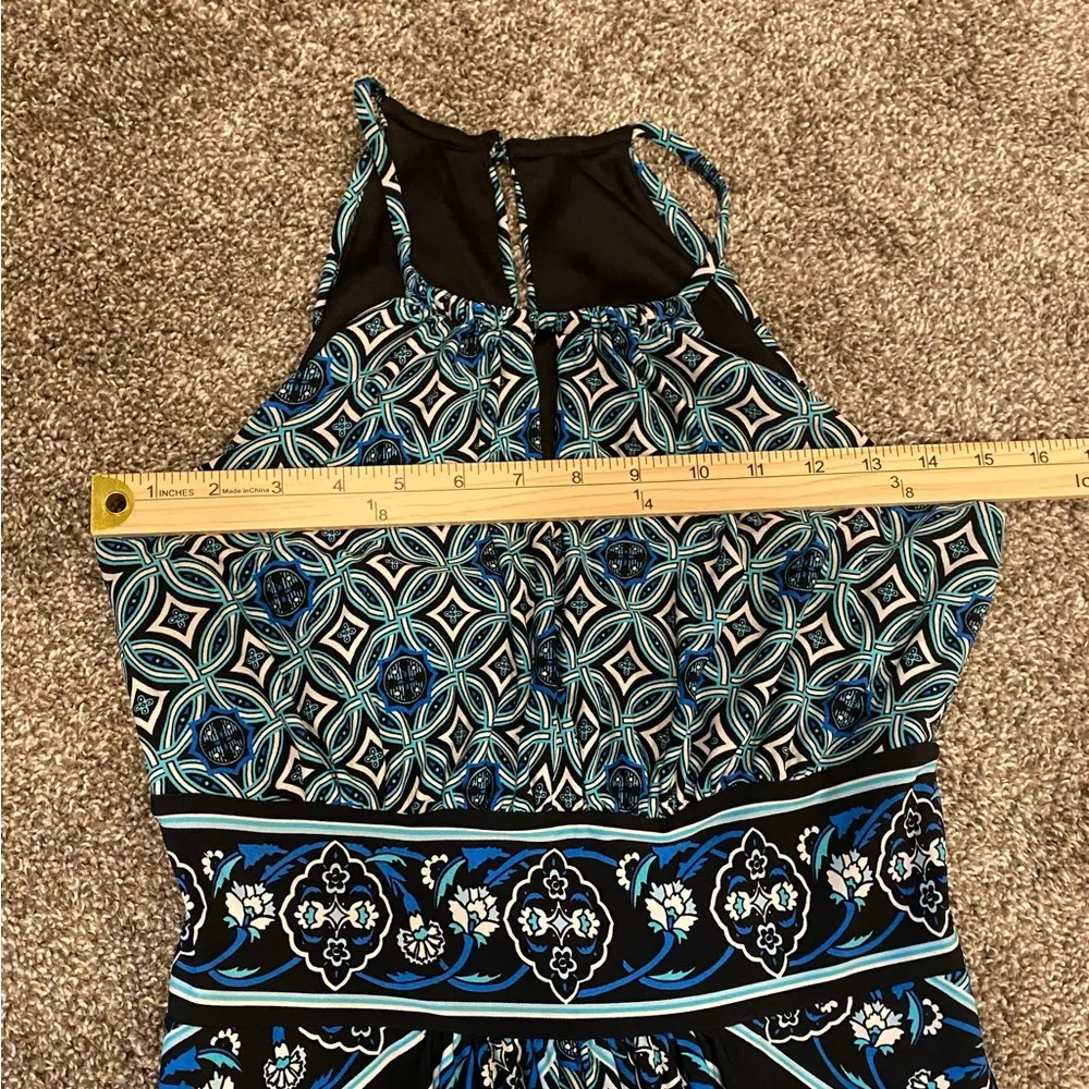 Dress Barn Y2K Halter Keyhole High Neck Blue Black Geometric Maxi Dress - Image 4