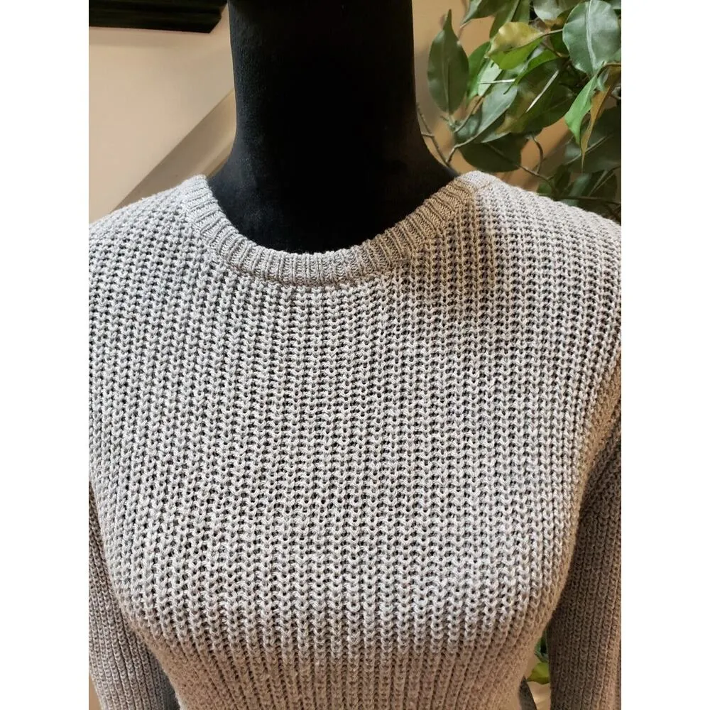Monteau Women's Gray Open Knit Crochet Trim Round Neck Long Sleeve Sweater M - Image 3