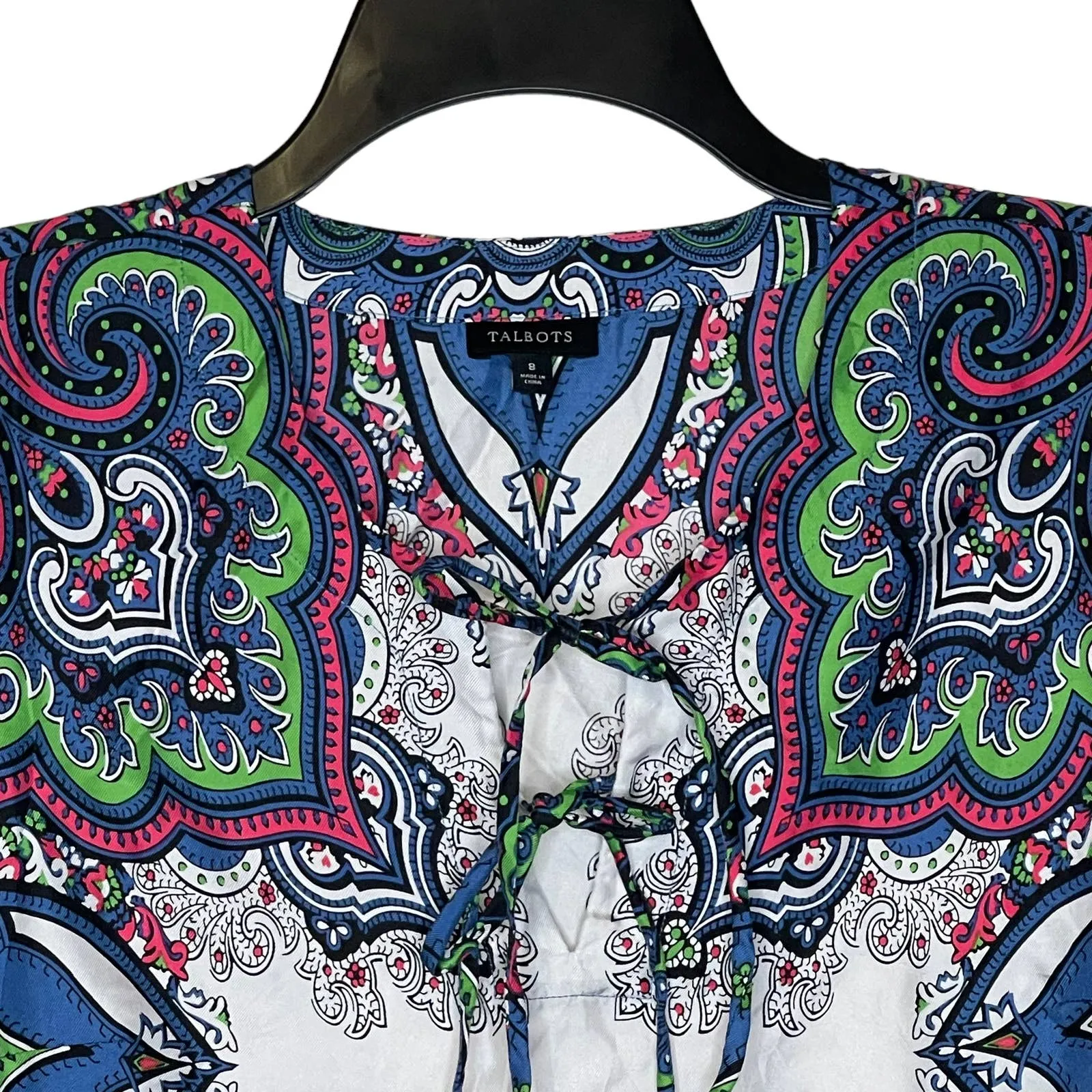Talbots Paisley Peasant Boho Silk Blouse Tie‎ Up V-Neck 3/4 Sleeve Top 8 Women - Image 2