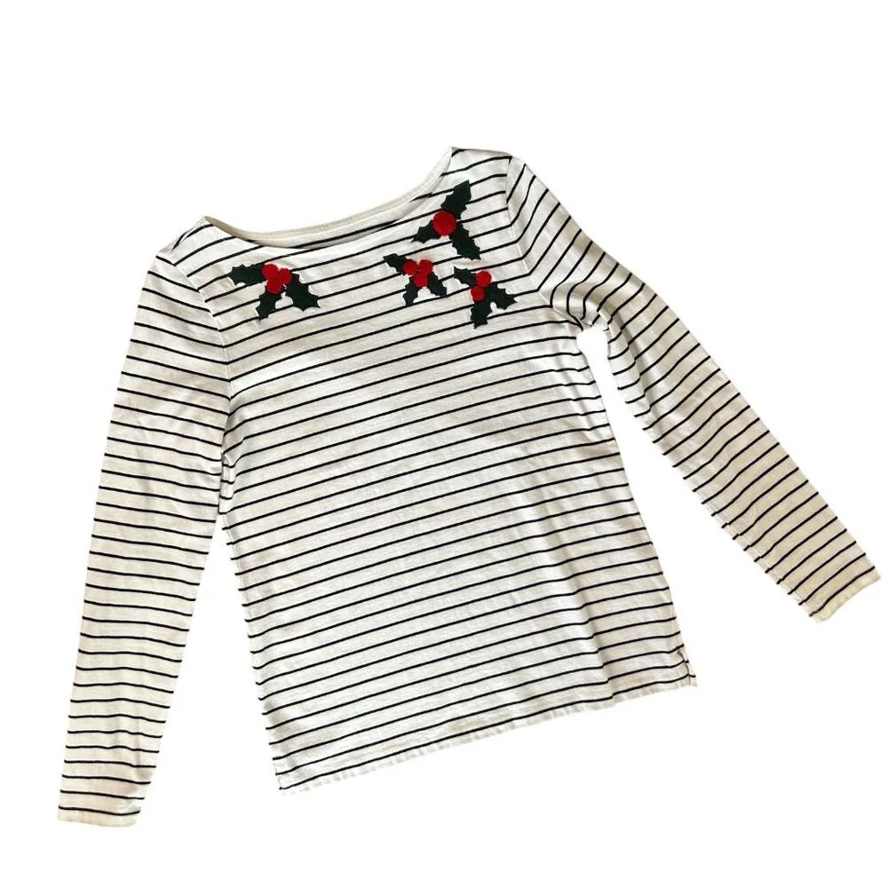 Talbots Christmas Embroidered Holly Boat Neck Striped Long Sleeve Tee Size Small - Image 2