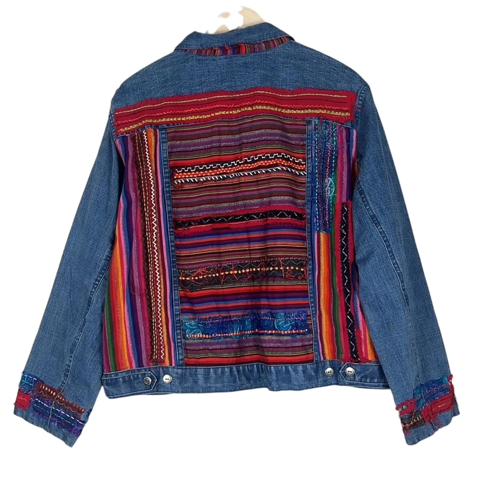Chico's Denim Jacket Womens L Boho Patchwork Retro Western Hippie Funky Quirky - Image 3