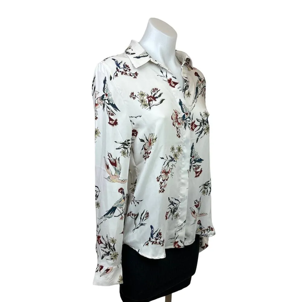 H&M Womens White Floral Bird Print  Button Up Long Sleeve Shirt Blouse Top Sz 2 - Image 3