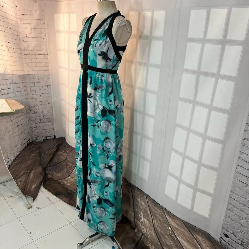 Parker green floral black trim silk blend front slit maxi dress size XS - Image 4