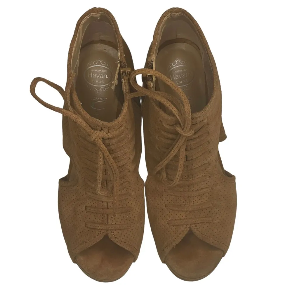 Jeffrey Campbell ᪥ Mary Roks Perforated Suede Wedge Peep Toe Booties ᪥ Cognac 6M - Image 10