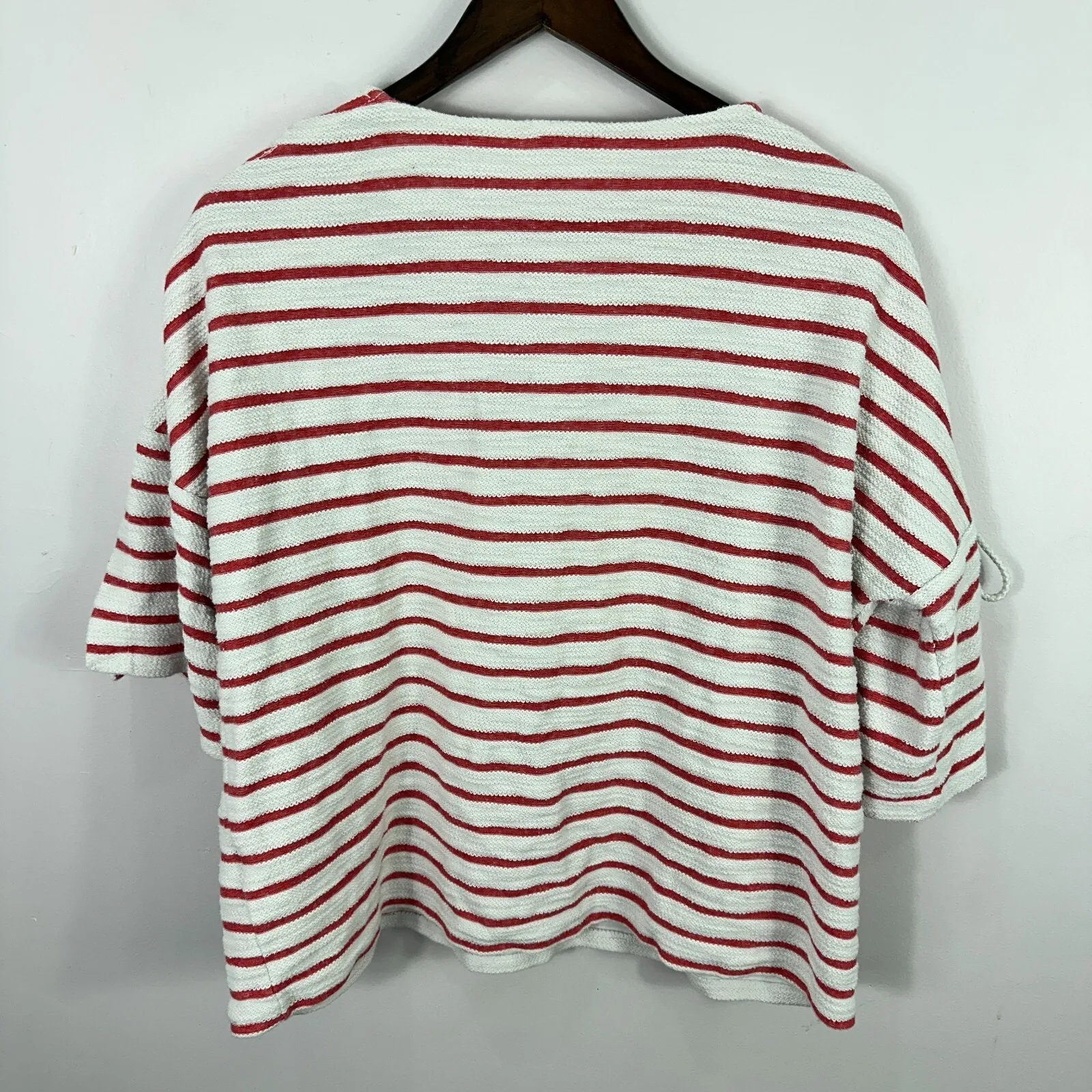 June And Delancey Knit Top Women‎ XL Red White Stripe Lace Up Coastal Nautical - Image 3