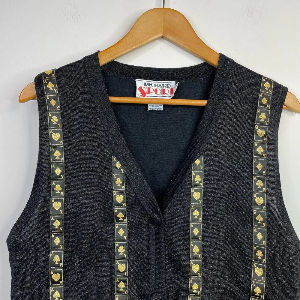 Vintage Richard Sport Metallic Black Aces Playing Cards Vegas Sweater Vest S - Image 2