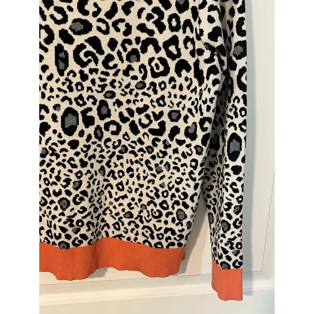 89th + Madison Sweater Womens Size Large Leopard Print Orange Trim Crew Neck Top White - Image 5