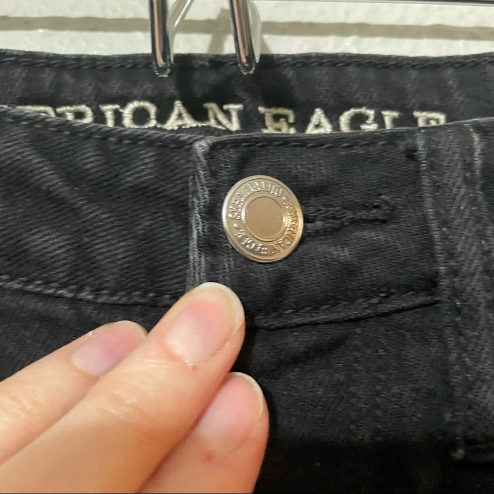 American Eagle Black Distressed Denim Cut Off Skirt 2 Button Fly - Image 6