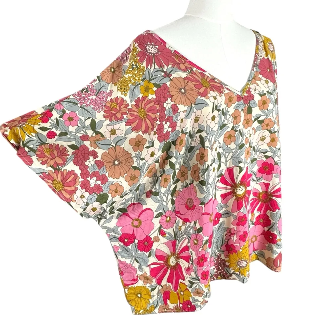 Natural Life Bohemian Hippie Easy V Neck Top in Pink Mustard Floral Size XL NWT - Image 5